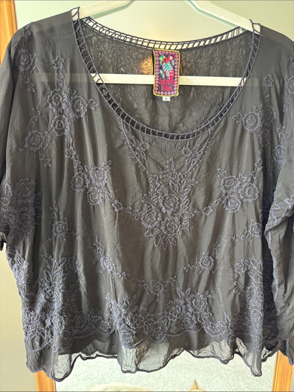 Johnny Was Black Sheer Embroidered Floral Blouse